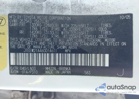 2006 Toyota Highlander Hybrid Limited V6 z USA, uszkodzony, nr VIN JTEEW21A460014611